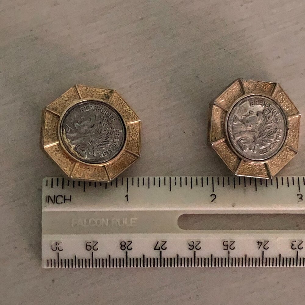 Vintage French Republique Francaise Coin Gold Tone Clip On Earrings Large